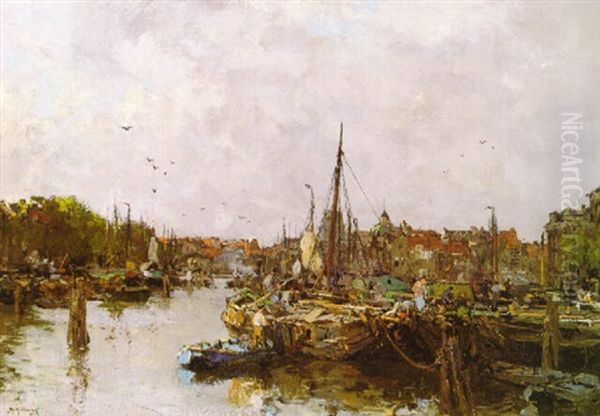 Boats In A Dutch Port Oil Painting by Johan Hendrik van Mastenbroek