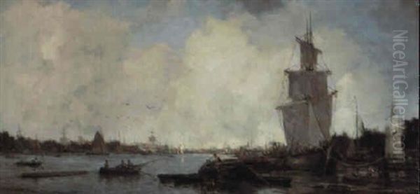 Rotterdam Harbour Oil Painting by Johan Hendrik van Mastenbroek