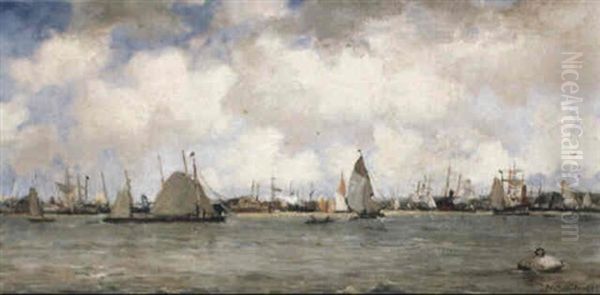 A Busy Harbour Oil Painting by Johan Hendrik van Mastenbroek