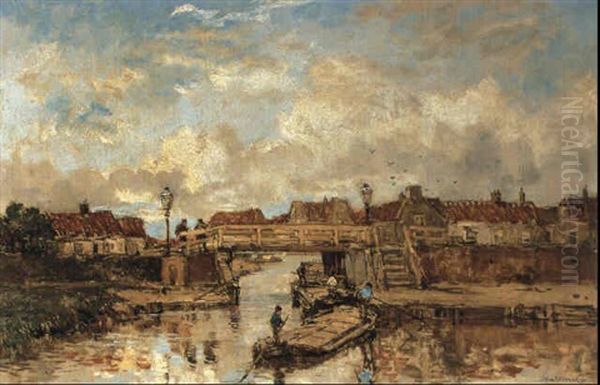 A Wooden Bridge Over A Canal Oil Painting by Johan Hendrik van Mastenbroek