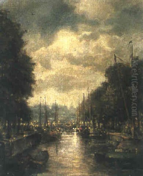 Gracht Am Abend Oil Painting by Johan Hendrik van Mastenbroek