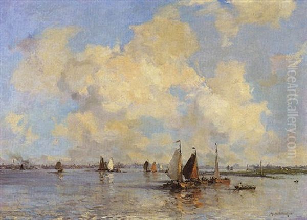 Zeilschepen Op De Lek Oil Painting by Johan Hendrik van Mastenbroek