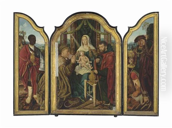 A Triptych: Central Panel: The Holy Family With Frederick Iii, Holy Roman Emperor As Melchior Offering Gold To The Christ Child; Left Wing: Balthasar Offering Myrrh; Right Wing: Maximilian I, Holy Roman Emperor, As Caspar Offering Incense; Outer Panels: T Oil Painting by  Master of Frankfurt