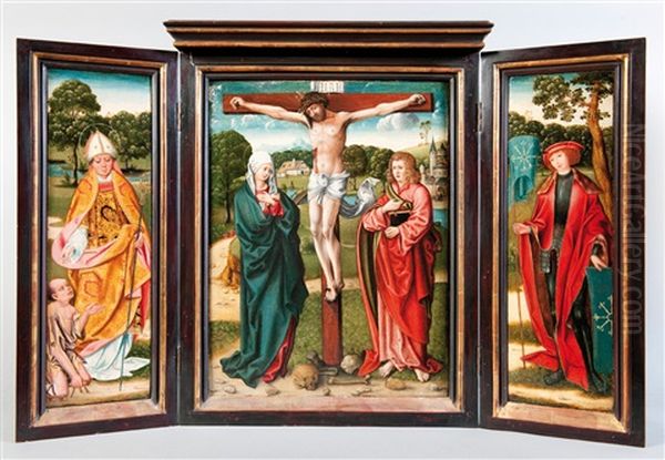 Triptyque, Panneau Central : Christ En Croix Avec Saint Jean, Volets Lateraux : Un Saint Eveque Et Saint Georges (?) Oil Painting by  Master of Frankfurt