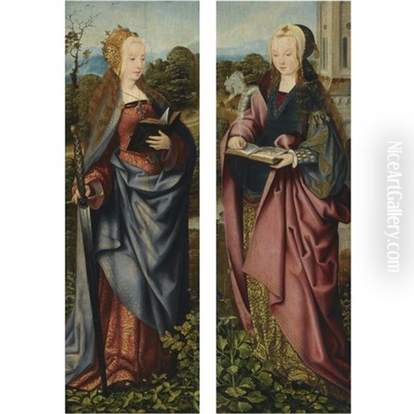 Saint Catherine (+ Saint Barbara; Pair) Oil Painting by  Master of Frankfurt