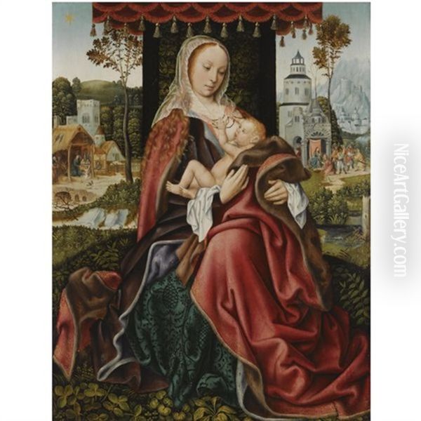 The Virgin And Child In A Landscape Setting, With The Nativity And The Adoration Of The Magi In The Background Oil Painting by  Master of Frankfurt