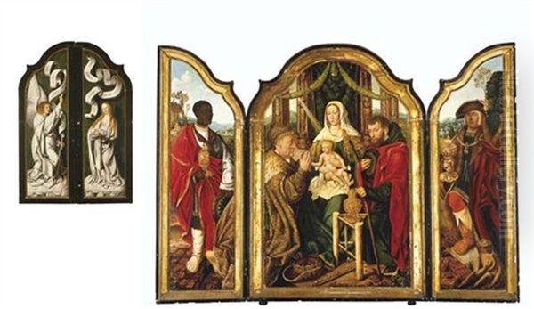 The Holy Family With Melchior Offering Gold To The Christ Child, Balthasar Offering Myrrh, Caspar Offering Incense, The Annunciation (triptych) Oil Painting by  Master of Frankfurt