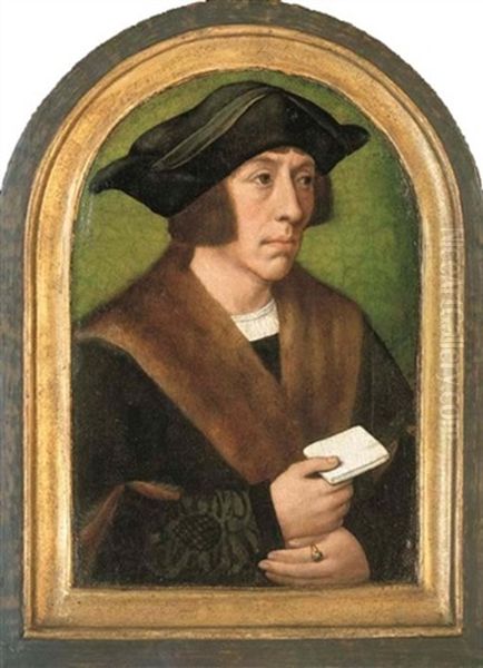 Portrait Of A Man (the Emperor Ferdinand I ?), Half-length, In A Fur-lined Coat, A Letter In His Right Hand Oil Painting by  Master of Frankfurt