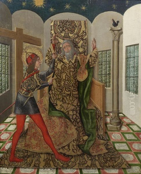 A Young Warrior Saint With An Elderly Bearded Man Enthroned In An Interior Oil Painting by  Perea Master