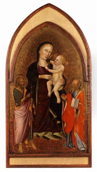 Maria Mit Dem Kind Und Dem Heiligen Johannes Baptist Sowie Einem Kirchenheiligen Mit Buch Oil Painting by  Master of San Martino of Mensola