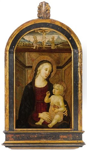 The Madonna And Child; In The Lunette Above: The Crucified Christ With Saint John The Baptist And Saint Francis Oil Painting by  Master of San Miniato