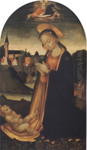 The Madonna Adoring The Christ Child In A Landscape With A Town Beyond And God The Father And The Holy Dove Looking Down From Above Oil Painting by  Master of San Miniato