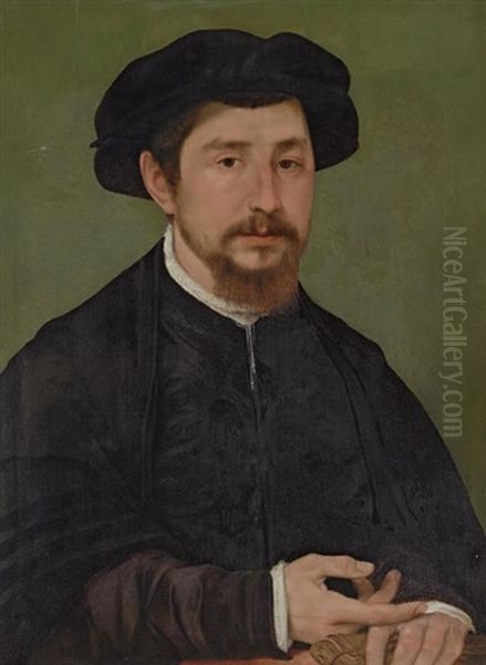 Portrait Of A Gentleman In An Embroidered Black Doublet And A Black Cloak And Cap, Holding Leather Gloves Oil Painting by  Master of the 1540s