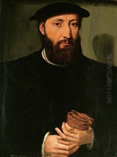 Portrait Of A Bearded Man In A Black Coat Holding Gloves Oil Painting by  Master of the 1540s