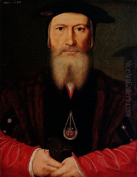 Portrait Of A Gentleman Wearing A Fur-lined Coat With Red Sleeves, Black Hat And The Badge Of The Order Of The Santiago De Compostela Oil Painting by  Master of the 1540s