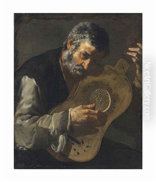 A Man Playing The Guitar Oil Painting by  Master of the Annunciation to the Shepherds