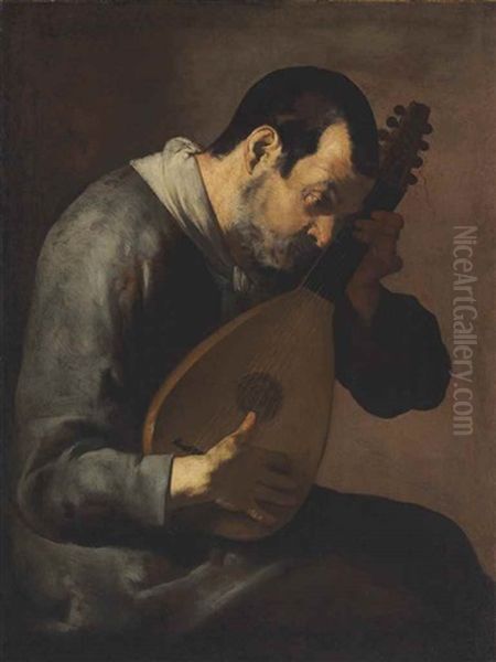 The Sense Of Hearing: A Man Playing A Lute Oil Painting by  Master of the Annunciation to the Shepherds