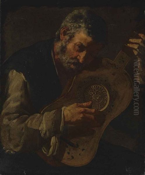 An Old Man Playing The Guitar Oil Painting by  Master of the Annunciation to the Shepherds