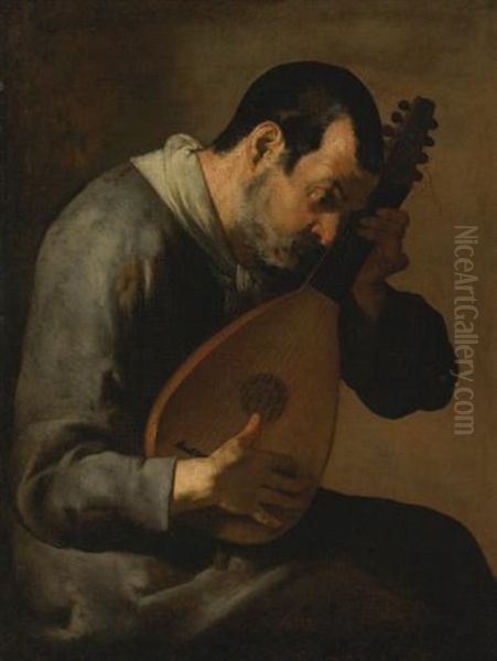 The Sense Of Hearing: A Man Playing A Lute Oil Painting by  Master of the Annunciation to the Shepherds