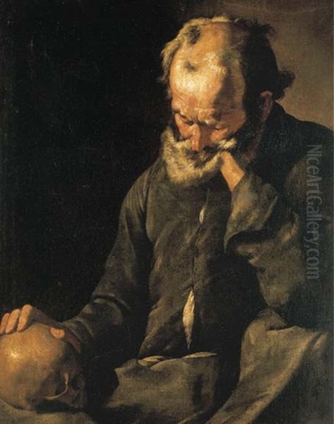 A Bearded Old Man Holding A Skull Oil Painting by  Master of the Annunciation to the Shepherds