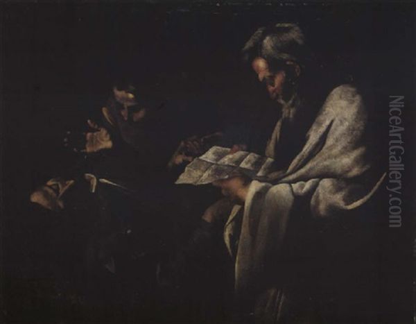 Homme Mourant Entoure De Deux Personnages Oil Painting by  Master of the Annunciation to the Shepherds