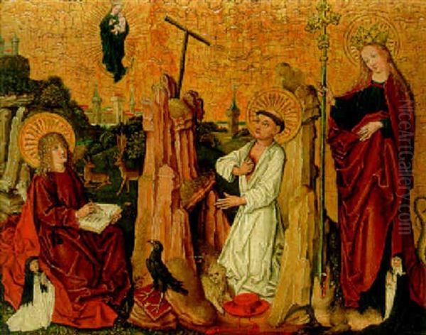 Saint John The Evangelist Writing The Revelation, Saint Jerome And Saint Margaret Of Antioch, A Male Cleric And A Nun Oil Painting by  Master of the Coburg Roundels