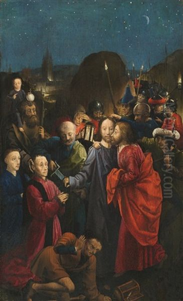 The Left Wing Of The Dreux Bude Triptych: The Betrayal And Arrest Of Christ, With The Donor Dreux Bude And His Son Jean Presented By Saint Christopher Oil Painting by  Master of the Dreux Bude triptych