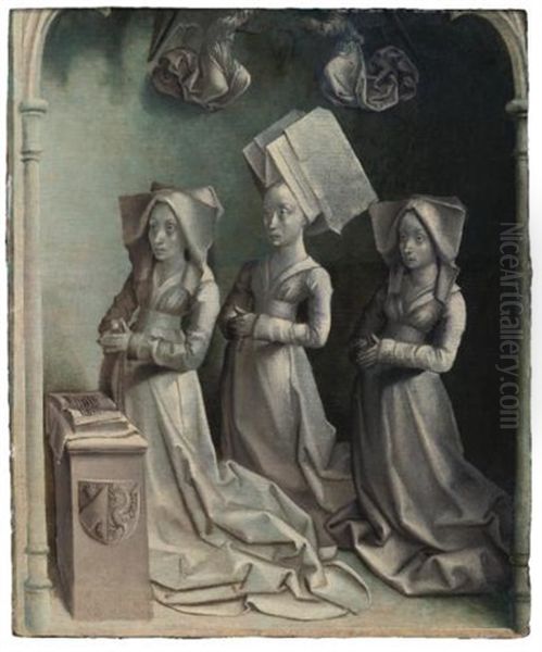 Jeanne Peschard (d. 1468) And Her Daughters, Jacquette And Catherine Bude, As Donors Oil Painting by  Master of the Dreux Bude triptych