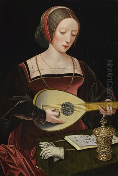 A Young Lady Playing A Lute Oil Painting by  Master of the Female Half Lengths