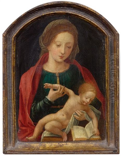 Madonna With The Infant Jesus Reading From A Book Oil Painting by  Master of the Female Half Lengths