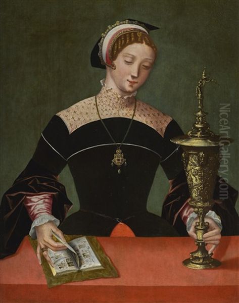 The Magdalen, Half-length, At A Table In A Black Dress And An Embroidered Collar, Reading A Book And Holding A Gilt Cup Oil Painting by  Master of the Female Half Lengths