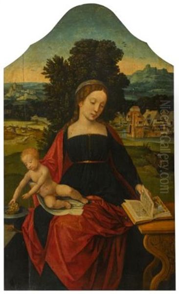 Virgin And Child In A Landscape, Together With Two Wings Depicting Male And Female Donors And Their Children With Saints Sebastian And Gertrude Of Nivelles Oil Painting by  Master of the Female Half Lengths