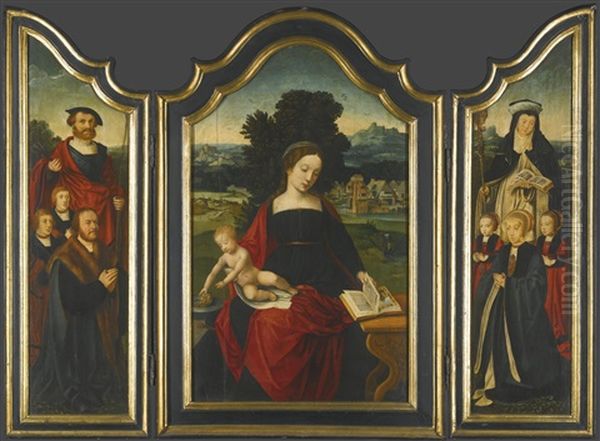 A Triptych: The Virgin And Child In A Landscape, Flanked By Male And Female Donors And Their Children With Saints Sebastian And Gertrude Of Nivelles Oil Painting by  Master of the Female Half Lengths