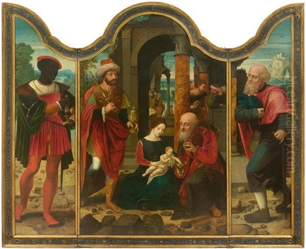 Triptych: Adoration Of The Three Kings Oil Painting by  Master of the Female Half Lengths