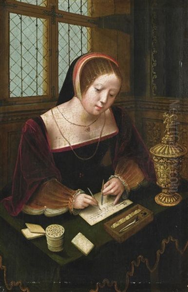 A Lady Writing At A Desk Oil Painting by  Master of the Female Half Lengths