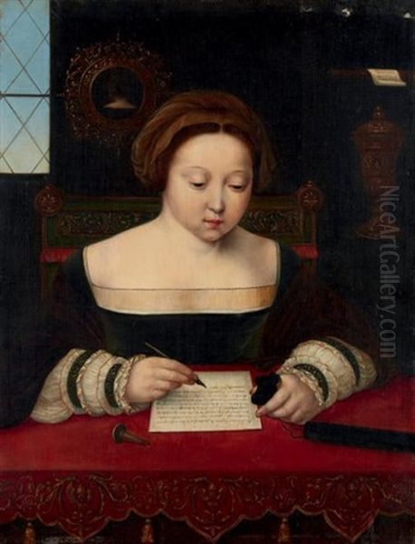 Jeune Femme Ecrivant Une Lettre Oil Painting by  Master of the Female Half Lengths