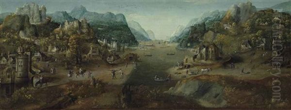 An Extensive Mountainous River Landscape With A Castle And Other Fortified Buildings, A Group Of Soldiers On The Bank And Other Figures Oil Painting by  Master of the Female Half Lengths