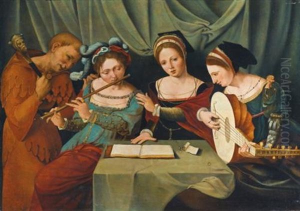 Three Young Women Making Music With A Jester Oil Painting by  Master of the Female Half Lengths