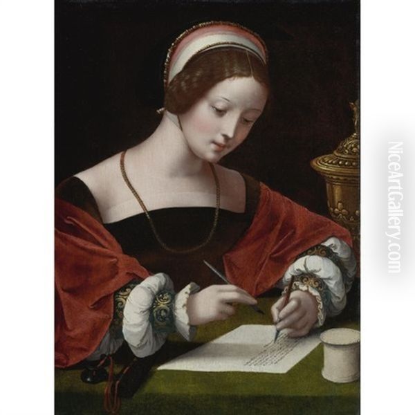 The Magdalene Writing A Letter Oil Painting by  Master of the Female Half Lengths