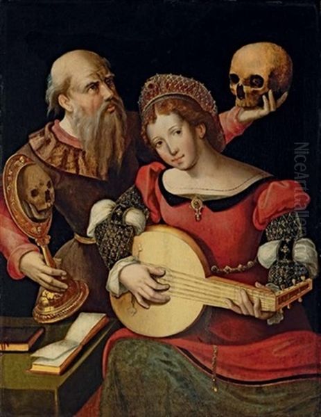 A Vanitas With A Lady Playing A Lute And A Man Holding A Skull And A Mirror Oil Painting by  Master of the Female Half Lengths