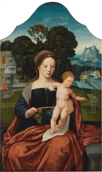 The Virgin And Child, In A Landscape Setting With St Joseph In The Background Oil Painting by  Master of the Female Half Lengths