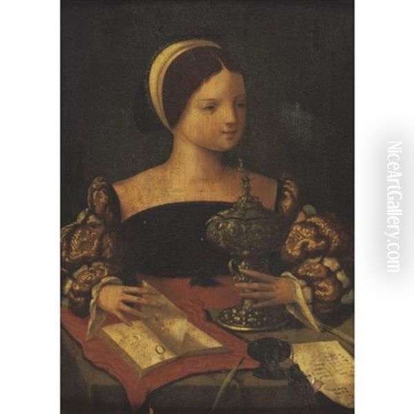 Young Girl At Her Desk Oil Painting by  Master of the Female Half Lengths