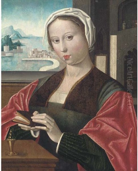 A Lady, As The Magdalen, In An Interior Holding A Book, A Landscape Beyond Oil Painting by  Master of the Female Half Lengths