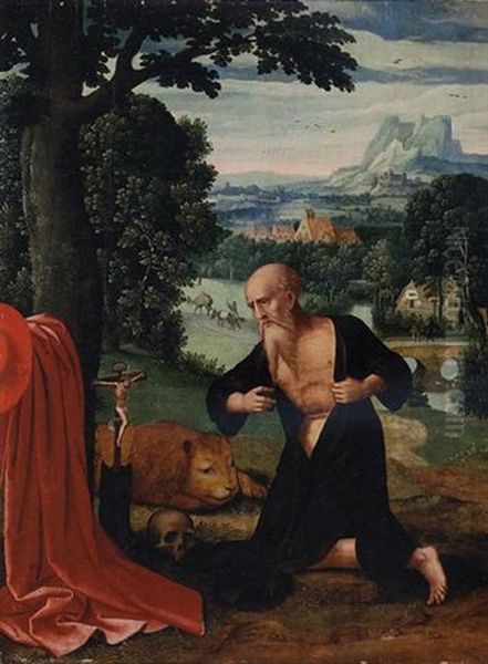 The Penitent Saint Jerome In An Extensive River Landscape Oil Painting by  Master of the Female Half Lengths