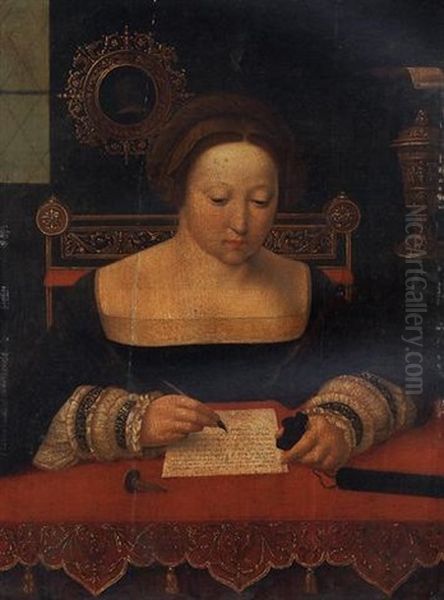 A Woman As The Magdalen, Writing A Letter At A Table In An Interior Oil Painting by  Master of the Female Half Lengths