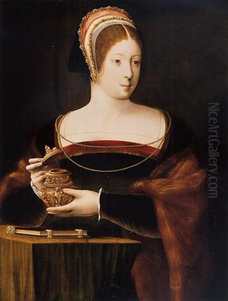 The Magdalene Holding A Jar Of Unguent Oil Painting by  Master of the Female Half Lengths