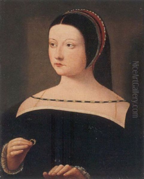 Portrait Of A Lady Wearing A Black Dress, A Headress And Holding A Ring Oil Painting by  Master of the Female Half Lengths