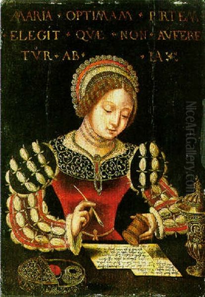 Mary Writing At A Desk Oil Painting by  Master of the Female Half Lengths