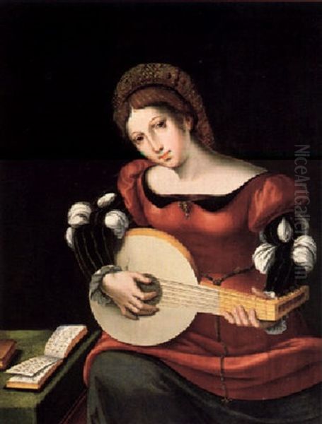 Portrait Of A Young Lady Playing A Lute Oil Painting by  Master of the Female Half Lengths