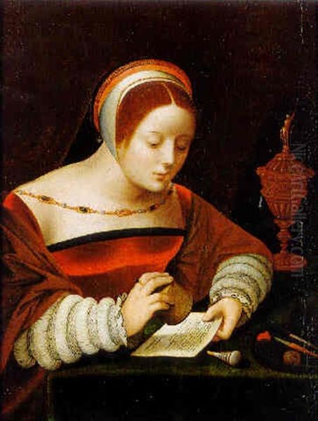 A Lady At Her Writing Desk Oil Painting by  Master of the Female Half Lengths